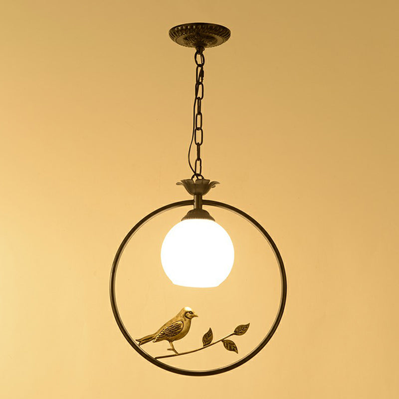 Country Bird and Ring Pendant Light Single Metal Hanging Lamp with Dome Milk Glass Shade Clearhalo 'Ceiling Lights' 'Pendant Lights' 'Pendants' Lighting' 2323456