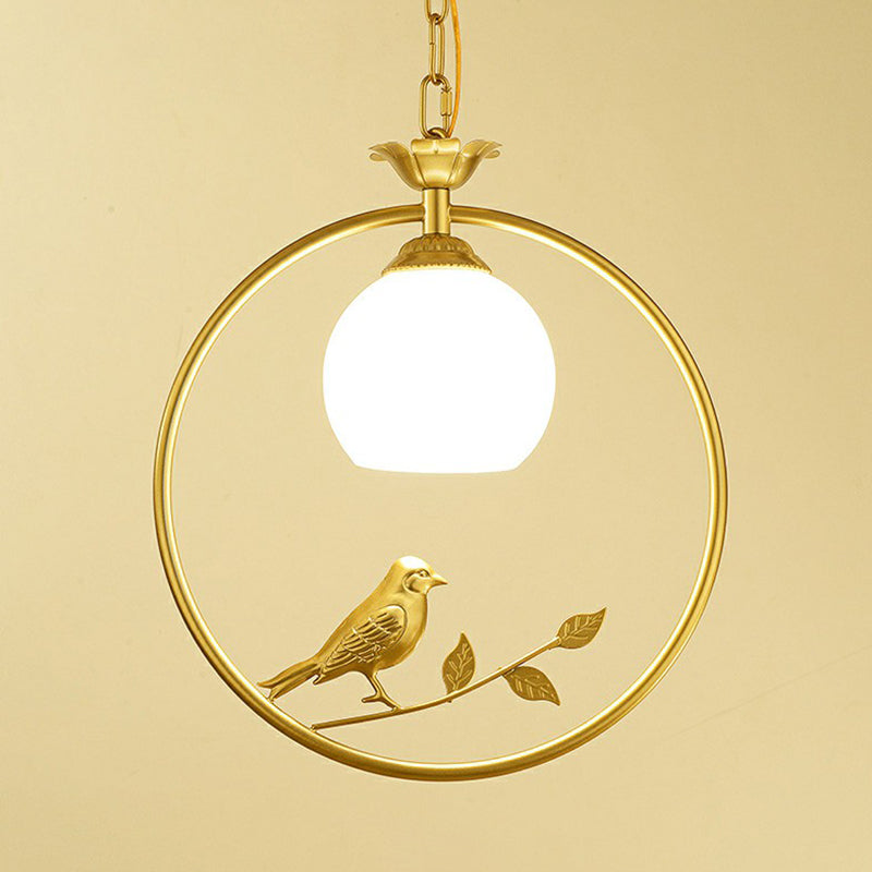 Country Bird and Ring Pendant Light Single Metal Hanging Lamp with Dome Milk Glass Shade Clearhalo 'Ceiling Lights' 'Pendant Lights' 'Pendants' Lighting' 2323458