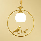 Country Bird and Ring Pendant Light Single Metal Hanging Lamp with Dome Milk Glass Shade Clearhalo 'Ceiling Lights' 'Pendant Lights' 'Pendants' Lighting' 2323458