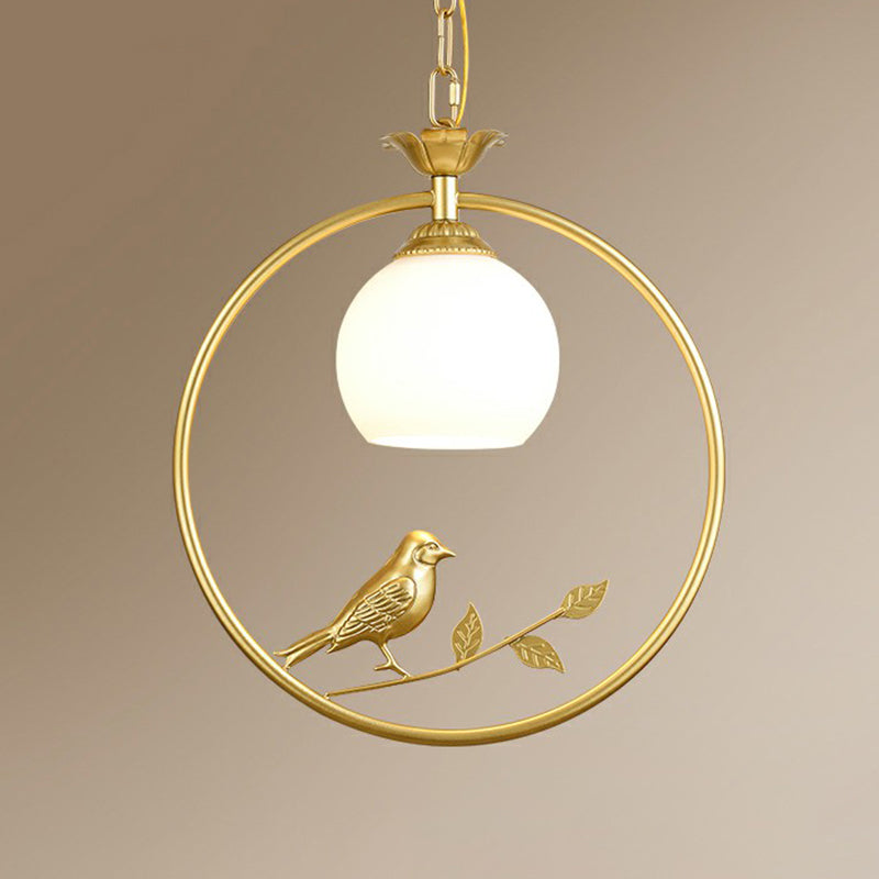 Country Bird and Ring Pendant Light Single Metal Hanging Lamp with Dome Milk Glass Shade Clearhalo 'Ceiling Lights' 'Pendant Lights' 'Pendants' Lighting' 2323459