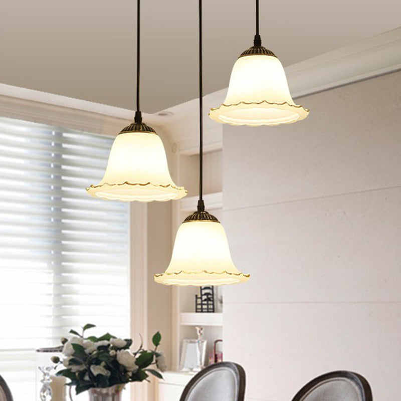 Flower-Like Dining Room Hanging Light Rustic Cream Glass 3-Bulb Black Multi-Light Pendant Clearhalo 'Ceiling Lights' 'Pendant Lights' 'Pendants' Lighting' 2323460