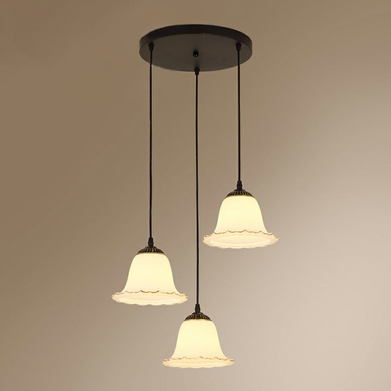 Flower-Like Dining Room Hanging Light Rustic Cream Glass 3-Bulb Black Multi-Light Pendant Clearhalo 'Ceiling Lights' 'Pendant Lights' 'Pendants' Lighting' 2323461