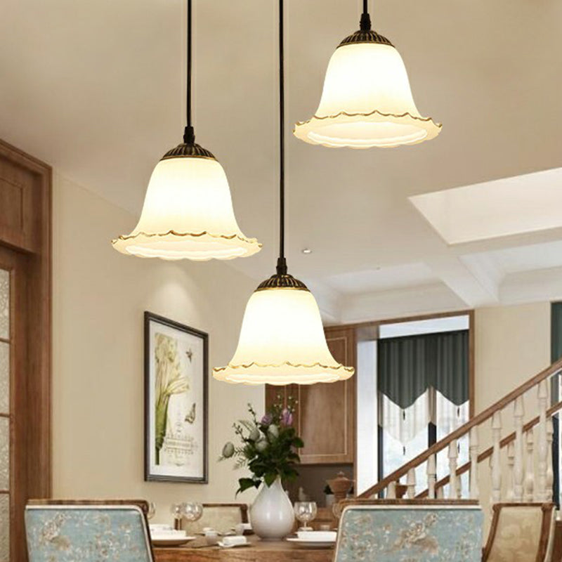 Flower-Like Dining Room Hanging Light Rustic Cream Glass 3-Bulb Black Multi-Light Pendant Clearhalo 'Ceiling Lights' 'Pendant Lights' 'Pendants' Lighting' 2323463