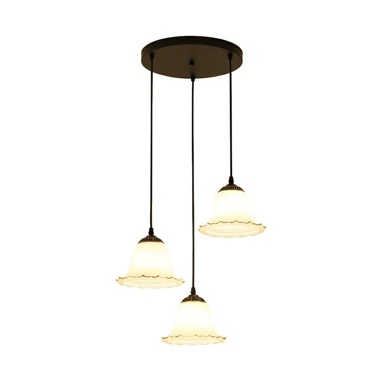 Flower-Like Dining Room Hanging Light Rustic Cream Glass 3-Bulb Black Multi-Light Pendant Clearhalo 'Ceiling Lights' 'Pendant Lights' 'Pendants' Lighting' 2323464