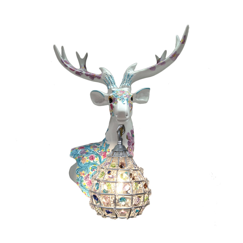 Traditional Deer Sconce 1 Light Resin Wall Mount Lighting in Black/Pink/Yellow for Bedroom with Droplet Crystal Shade, Right/Left Clearhalo 'Wall Lamps & Sconces' 'Wall Lights' Lighting' 232347