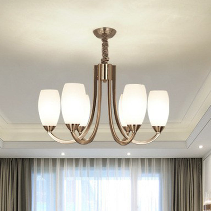 Nickel Finish Swoop Arm Chandelier Simplicity Metal Bedroom Pendant Light with Oval White Glass Shade 8 White Clearhalo 'Ceiling Lights' 'Chandeliers' Lighting' options 2323479_041185e6-eb7b-4844-b1fb-8cad4b5c2fd2