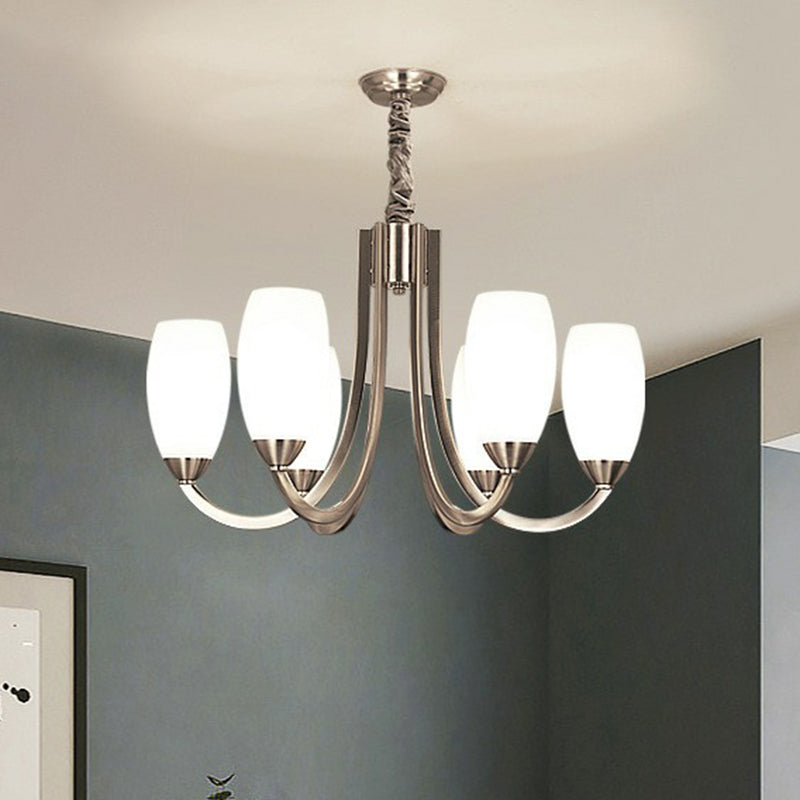 Nickel Finish Swoop Arm Chandelier Simplicity Metal Bedroom Pendant Light with Oval White Glass Shade Clearhalo 'Ceiling Lights' 'Chandeliers' Lighting' options 2323481