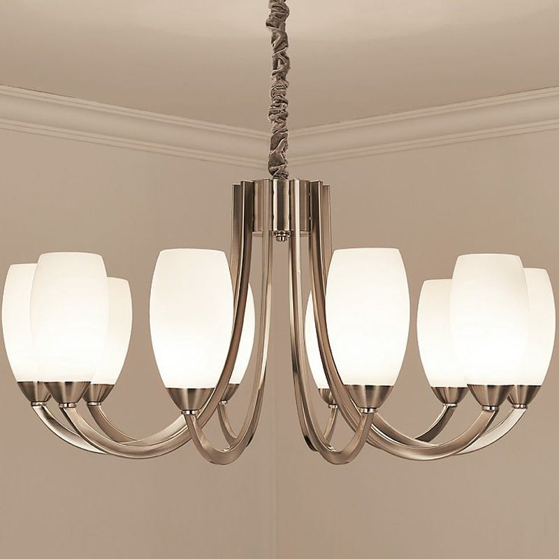 Nickel Finish Swoop Arm Chandelier Simplicity Metal Bedroom Pendant Light with Oval White Glass Shade 10 White Clearhalo 'Ceiling Lights' 'Chandeliers' Lighting' options 2323482_a8b85ddb-6bf9-465d-b261-5d25a8b95ff4