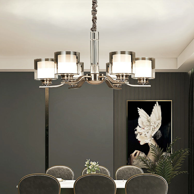 Cylindrical Restaurant Chandelier Frosted and Smoke Grey Glass Modern Hanging Light in Chrome Clearhalo 'Ceiling Lights' 'Chandeliers' Lighting' options 2323486