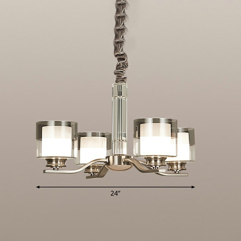 Cylindrical Restaurant Chandelier Frosted and Smoke Grey Glass Modern Hanging Light in Chrome Clearhalo 'Ceiling Lights' 'Chandeliers' Lighting' options 2323488