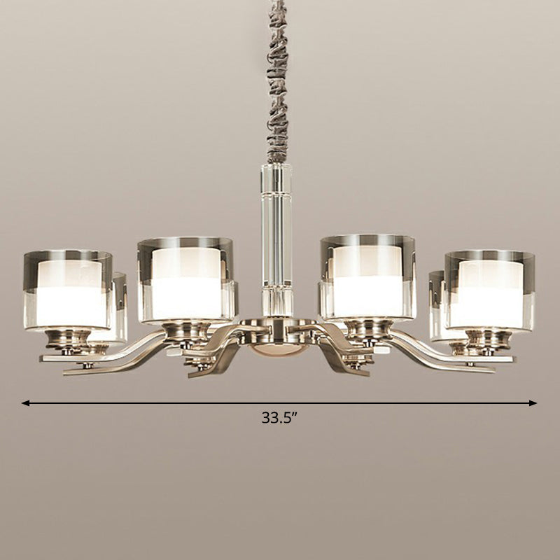 Cylindrical Restaurant Chandelier Frosted and Smoke Grey Glass Modern Hanging Light in Chrome Clearhalo 'Ceiling Lights' 'Chandeliers' Lighting' options 2323490