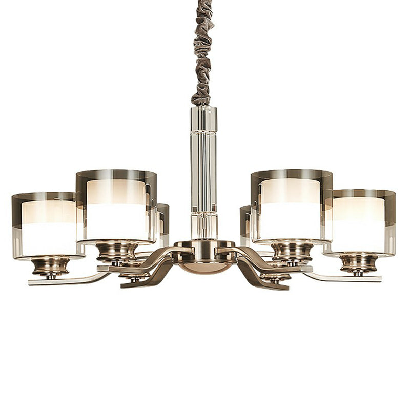 Cylindrical Restaurant Chandelier Frosted and Smoke Grey Glass Modern Hanging Light in Chrome Clearhalo 'Ceiling Lights' 'Chandeliers' Lighting' options 2323491