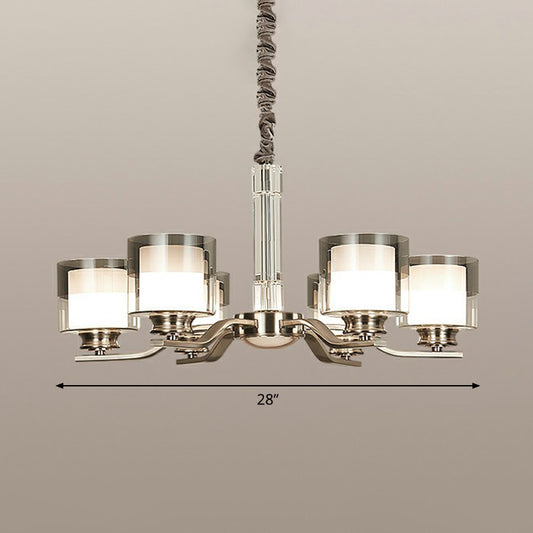 Cylindrical Restaurant Chandelier Frosted and Smoke Grey Glass Modern Hanging Light in Chrome Clearhalo 'Ceiling Lights' 'Chandeliers' Lighting' options 2323493