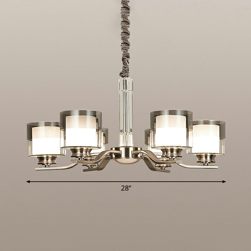 Cylindrical Restaurant Chandelier Frosted and Smoke Grey Glass Modern Hanging Light in Chrome 6 Chrome Clearhalo 'Ceiling Lights' 'Chandeliers' Lighting' options 2323493_c7c20c62-6bd4-463a-96ca-98cb14f1c8a7