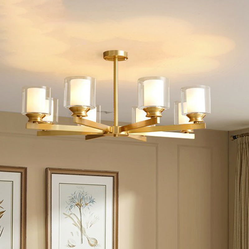 Brass Cylindrical Hanging Lamp Minimalism Clear and Frosted Glass Dining Room Chandelier Clearhalo 'Ceiling Lights' 'Chandeliers' Lighting' options 2323495