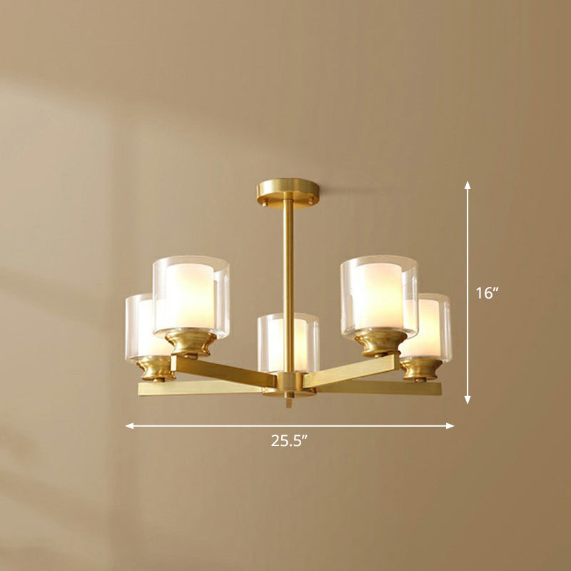 Brass Cylindrical Hanging Lamp Minimalism Clear and Frosted Glass Dining Room Chandelier 5 Brass Clearhalo 'Ceiling Lights' 'Chandeliers' Lighting' options 2323496_d09ed166-7b12-4387-83fd-99a0c17a3026