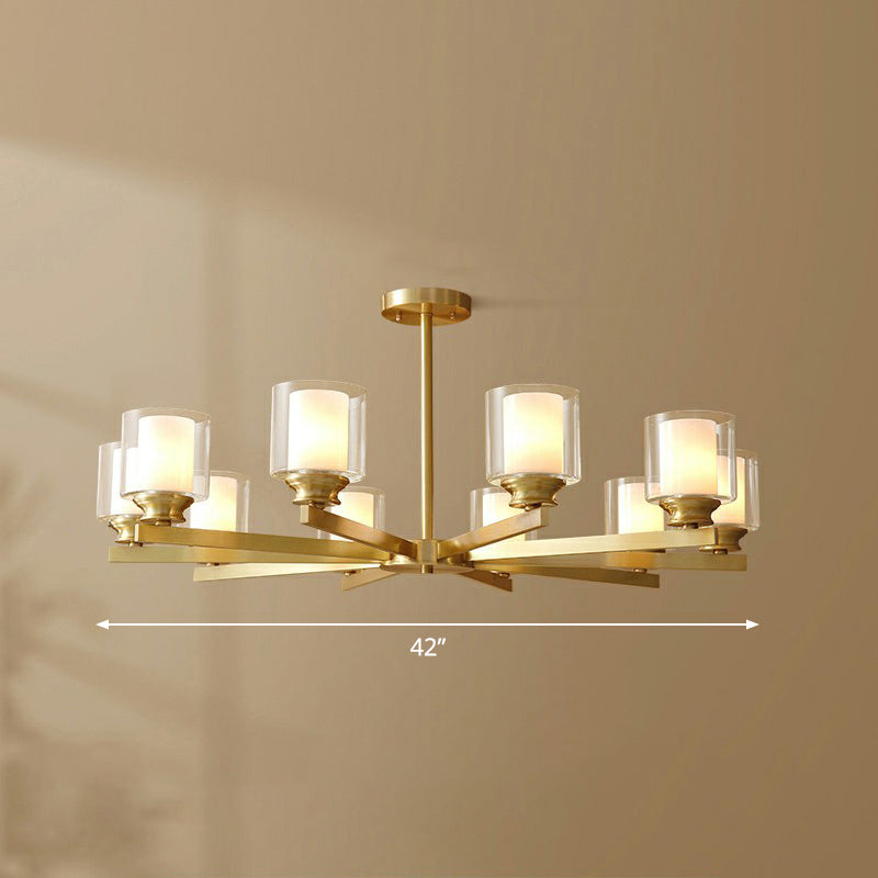 Brass Cylindrical Hanging Lamp Minimalism Clear and Frosted Glass Dining Room Chandelier 10 Brass Clearhalo 'Ceiling Lights' 'Chandeliers' Lighting' options 2323497_42ee97f7-bdfc-4ccf-b735-8bc475b9d988