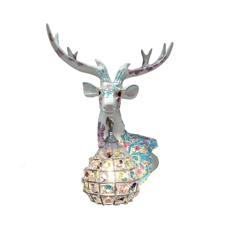 Traditional Deer Sconce 1 Light Resin Wall Mount Lighting in Black/Pink/Yellow for Bedroom with Droplet Crystal Shade, Right/Left Clearhalo 'Wall Lamps & Sconces' 'Wall Lights' Lighting' 232350