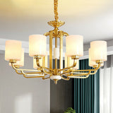 Traditional Cylinder Chandelier Milky Glass Ceiling Hang Light in Brass for Living Room Clearhalo 'Ceiling Lights' 'Chandeliers' Lighting' options 2323500