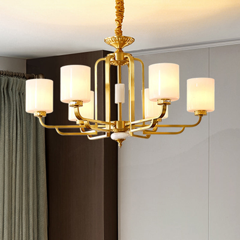 Traditional Cylinder Chandelier Milky Glass Ceiling Hang Light in Brass for Living Room Clearhalo 'Ceiling Lights' 'Chandeliers' Lighting' options 2323501