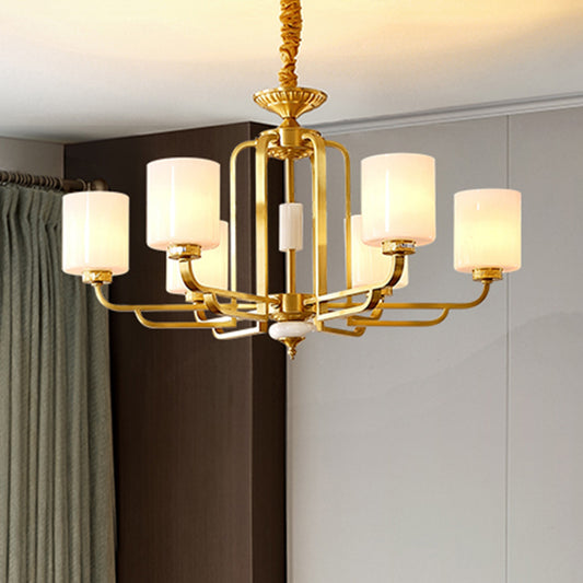 Traditional Cylinder Chandelier Milky Glass Ceiling Hang Light in Brass for Living Room Clearhalo 'Ceiling Lights' 'Chandeliers' Lighting' options 2323501