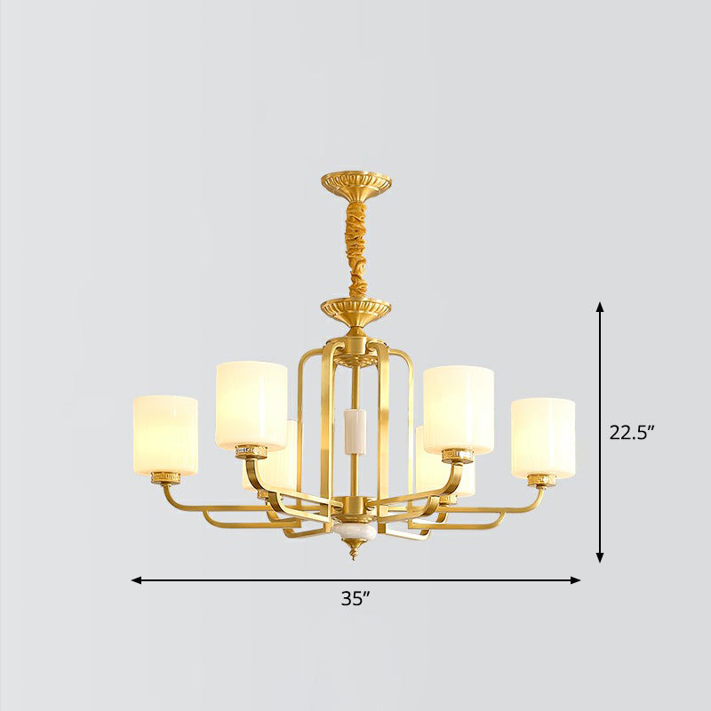 Traditional Cylinder Chandelier Milky Glass Ceiling Hang Light in Brass for Living Room 6 Brass Clearhalo 'Ceiling Lights' 'Chandeliers' Lighting' options 2323502_4da2d057-1364-429b-9d11-8ef2637f80c5