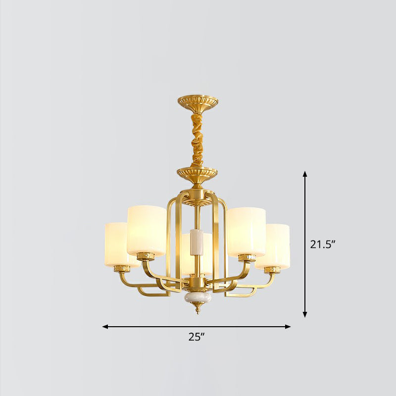 Traditional Cylinder Chandelier Milky Glass Ceiling Hang Light in Brass for Living Room 5 Brass Clearhalo 'Ceiling Lights' 'Chandeliers' Lighting' options 2323503_9f0edc95-ef76-4a30-8128-373805350397