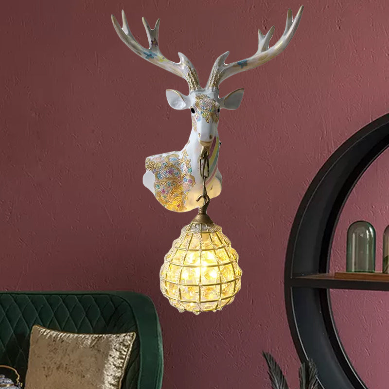 Silver/White/Gold Globe Sconce Lamp Traditional Crystal 1 Light Indoor Wall Mount Lighting with Deer Deco, Right/Left White Left Clearhalo 'Wall Lamps & Sconces' 'Wall Lights' Lighting' 232351