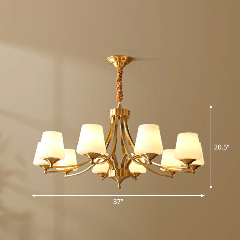 Conic Sitting Room Chandelier Light Fixture Antique Ivory Glass Hanging Pendant Light 10 Brass Clearhalo 'Ceiling Lights' 'Chandeliers' Lighting' options 2323512_56bddb83-01c4-418b-a3cf-73467f3fec2a