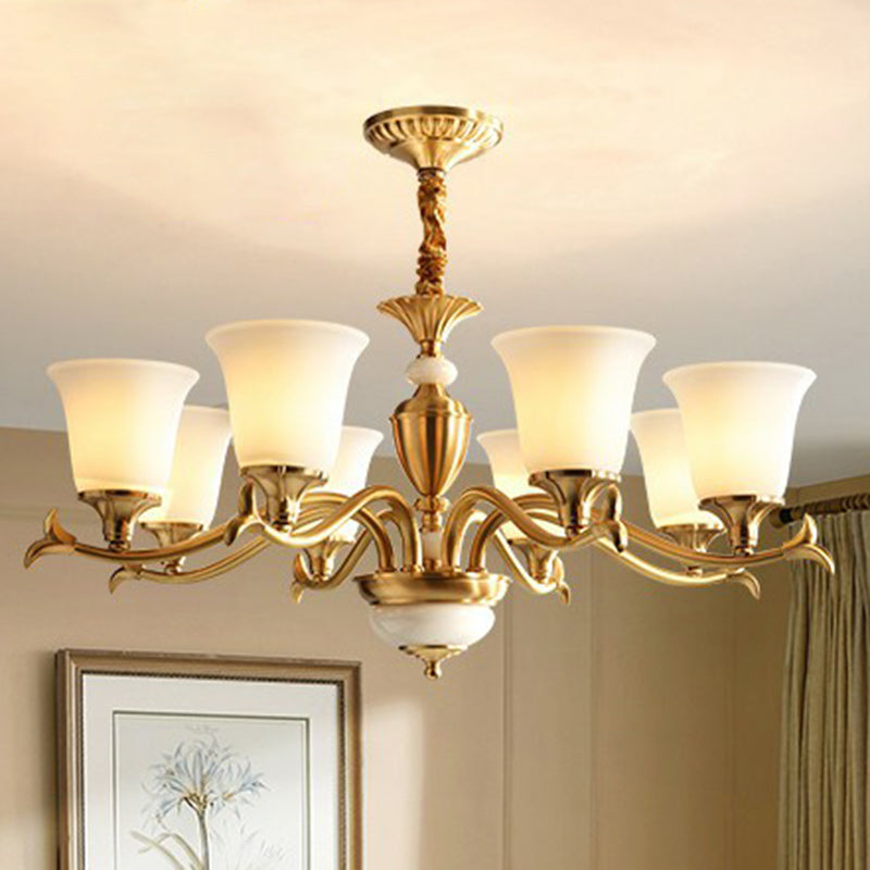 Cream Glass Brass Chandelier Flared Shaped Traditional Style Suspension Light for Dining Room Clearhalo 'Ceiling Lights' 'Chandeliers' Lighting' options 2323517