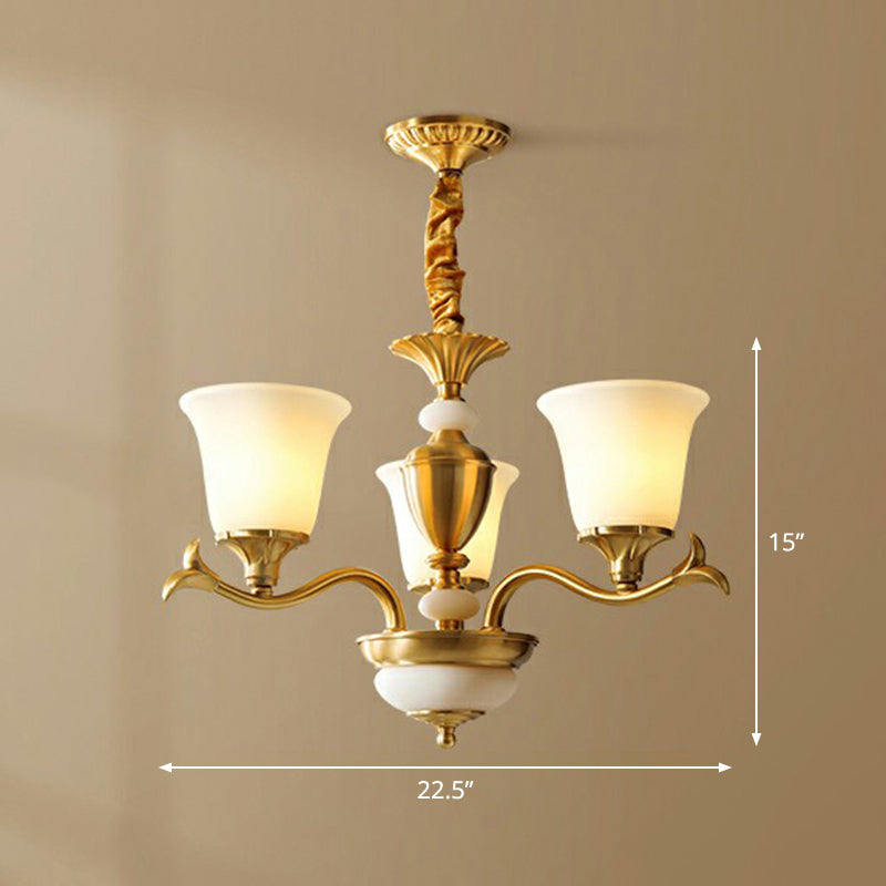 Cream Glass Brass Chandelier Flared Shaped Traditional Style Suspension Light for Dining Room 3 Brass Clearhalo 'Ceiling Lights' 'Chandeliers' Lighting' options 2323518_b68a1387-1391-4eea-9261-f16f34150815