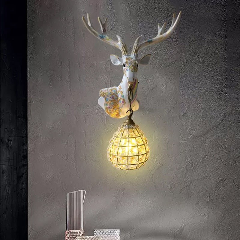 Silver/White/Gold Globe Sconce Lamp Traditional Crystal 1 Light Indoor Wall Mount Lighting with Deer Deco, Right/Left Clearhalo 'Wall Lamps & Sconces' 'Wall Lights' Lighting' 232352