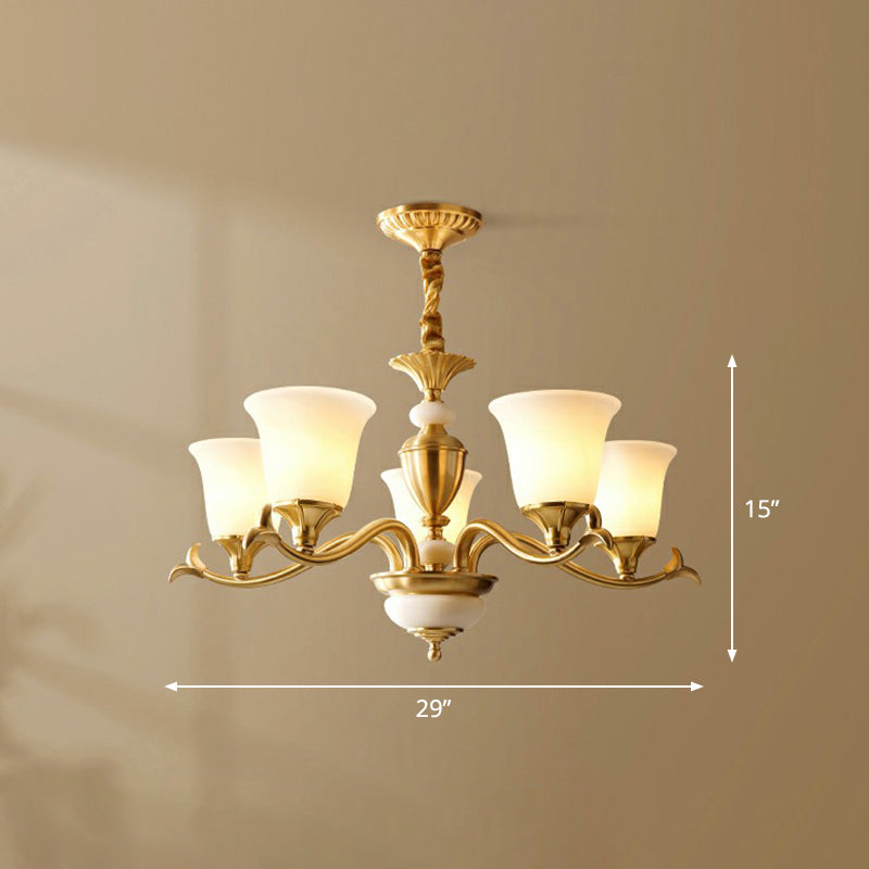 Cream Glass Brass Chandelier Flared Shaped Traditional Style Suspension Light for Dining Room 5 Brass Clearhalo 'Ceiling Lights' 'Chandeliers' Lighting' options 2323520_bd411016-9369-4c19-8abc-00def6073fa1