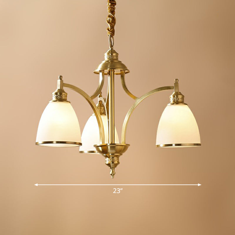 Brass Bell Shaped Chandelier Lamp Colonial Style Cream Glass Living Room Hanging Light Kit Clearhalo 'Ceiling Lights' 'Chandeliers' Lighting' options 2323532