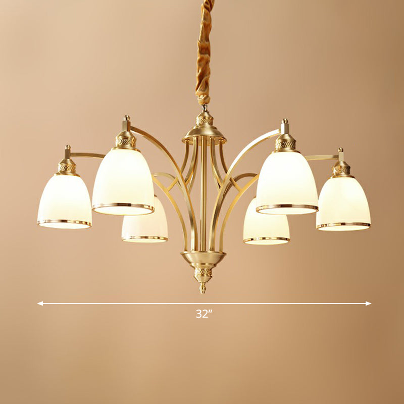 Brass Bell Shaped Chandelier Lamp Colonial Style Cream Glass Living Room Hanging Light Kit Clearhalo 'Ceiling Lights' 'Chandeliers' Lighting' options 2323533