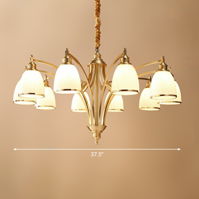 Brass Bell Shaped Chandelier Lamp Colonial Style Cream Glass Living Room Hanging Light Kit Clearhalo 'Ceiling Lights' 'Chandeliers' Lighting' options 2323535