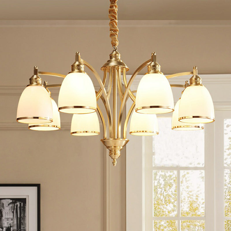 Brass Bell Shaped Chandelier Lamp Colonial Style Cream Glass Living Room Hanging Light Kit Clearhalo 'Ceiling Lights' 'Chandeliers' Lighting' options 2323536