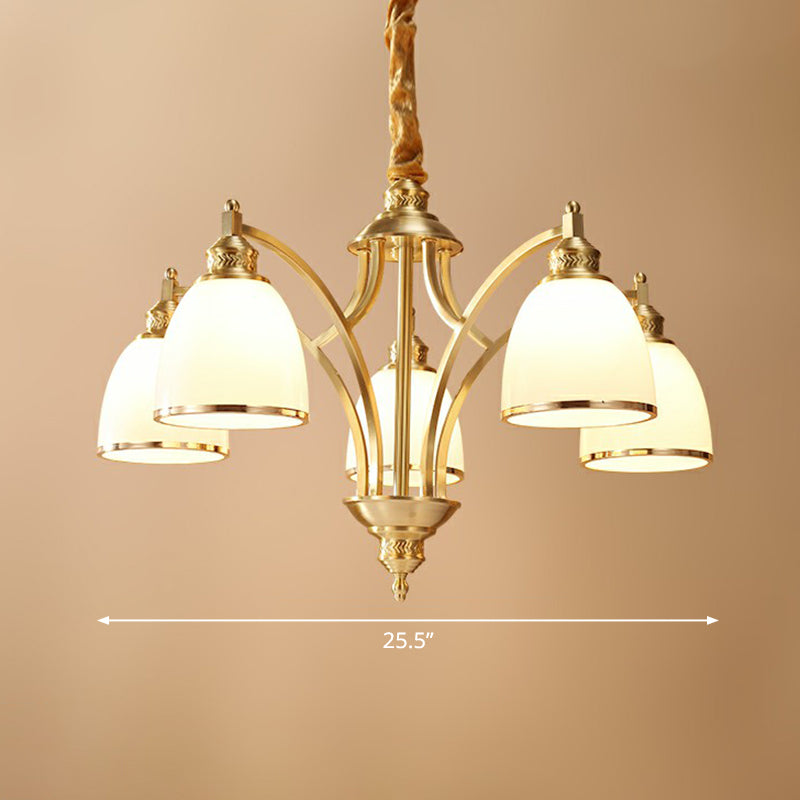 Brass Bell Shaped Chandelier Lamp Colonial Style Cream Glass Living Room Hanging Light Kit Clearhalo 'Ceiling Lights' 'Chandeliers' Lighting' options 2323537