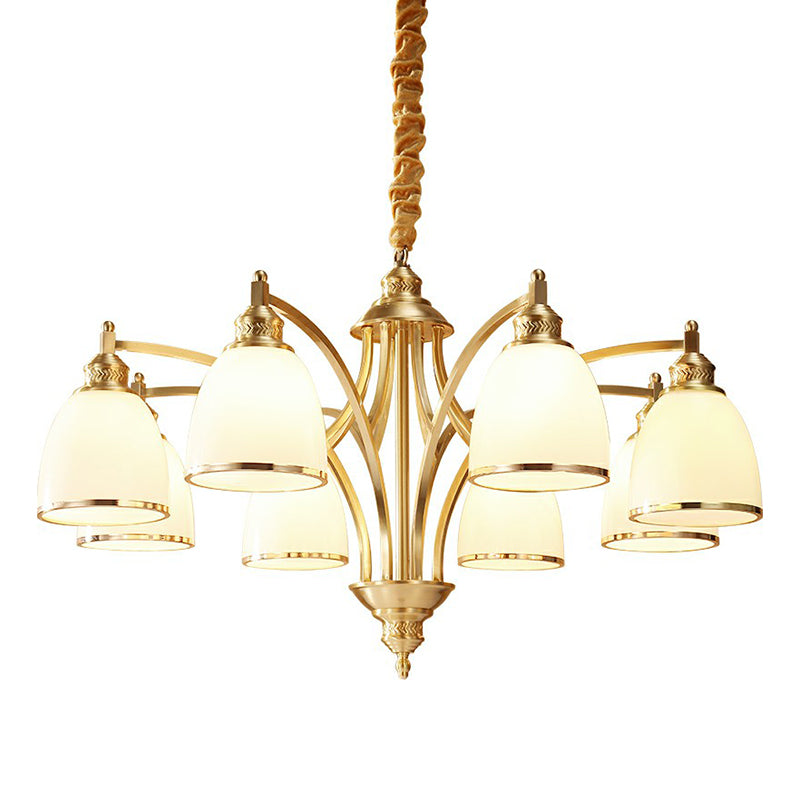 Brass Bell Shaped Chandelier Lamp Colonial Style Cream Glass Living Room Hanging Light Kit Clearhalo 'Ceiling Lights' 'Chandeliers' Lighting' options 2323538