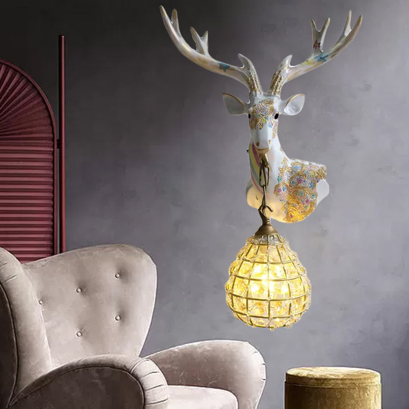 Silver/White/Gold Globe Sconce Lamp Traditional Crystal 1 Light Indoor Wall Mount Lighting with Deer Deco, Right/Left White Right Clearhalo 'Wall Lamps & Sconces' 'Wall Lights' Lighting' 232354