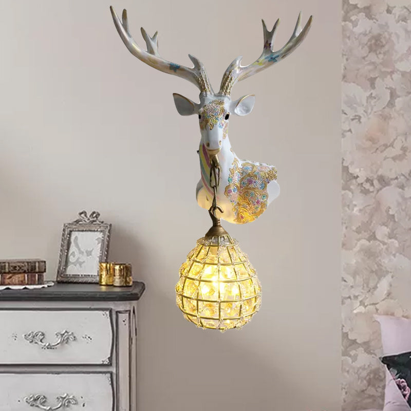 Silver/White/Gold Globe Sconce Lamp Traditional Crystal 1 Light Indoor Wall Mount Lighting with Deer Deco, Right/Left Clearhalo 'Wall Lamps & Sconces' 'Wall Lights' Lighting' 232355