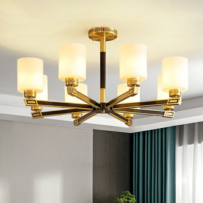 Satin Opal Glass Cylinder Ceiling Light Antique Living Room Chandelier in Black and Brass Clearhalo 'Ceiling Lights' 'Chandeliers' Lighting' options 2323565