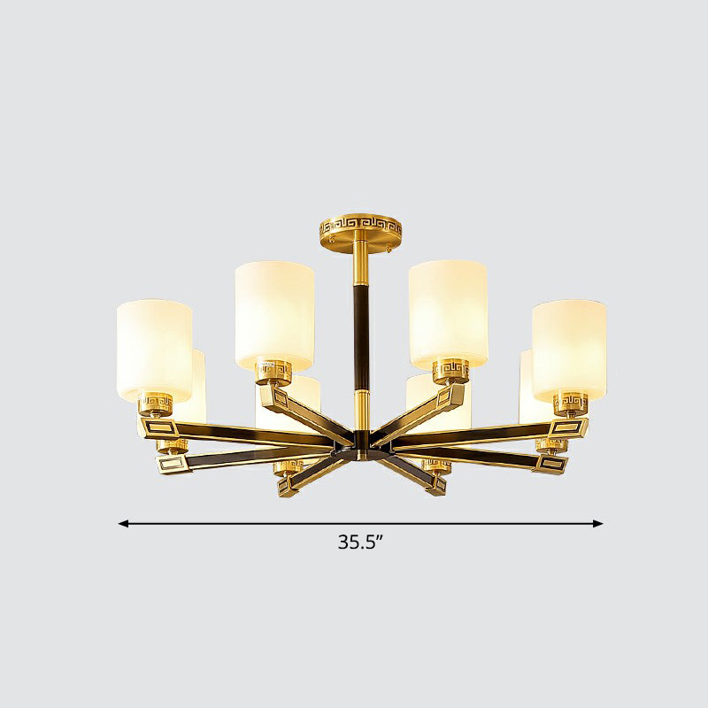 Satin Opal Glass Cylinder Ceiling Light Antique Living Room Chandelier in Black and Brass Clearhalo 'Ceiling Lights' 'Chandeliers' Lighting' options 2323566