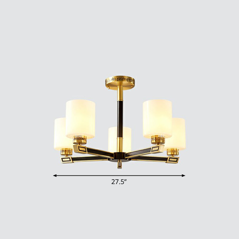 Satin Opal Glass Cylinder Ceiling Light Antique Living Room Chandelier in Black and Brass Clearhalo 'Ceiling Lights' 'Chandeliers' Lighting' options 2323568