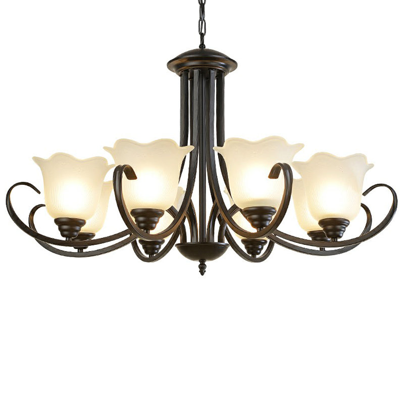 Black Finish Chandelier Lighting Retro Opal Frosted Glass Flower Hanging Light for Living Room Clearhalo 'Ceiling Lights' 'Chandeliers' Lighting' options 2323569