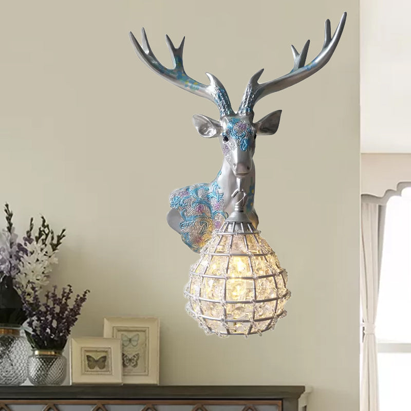 Silver/White/Gold Globe Sconce Lamp Traditional Crystal 1 Light Indoor Wall Mount Lighting with Deer Deco, Right/Left Silver Left Clearhalo 'Wall Lamps & Sconces' 'Wall Lights' Lighting' 232357