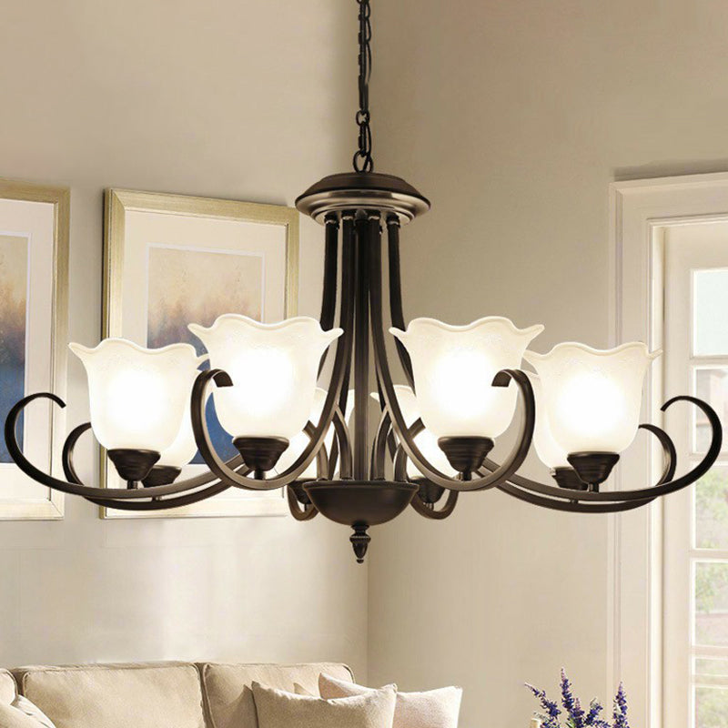 Black Finish Chandelier Lighting Retro Opal Frosted Glass Flower Hanging Light for Living Room Clearhalo 'Ceiling Lights' 'Chandeliers' Lighting' options 2323572