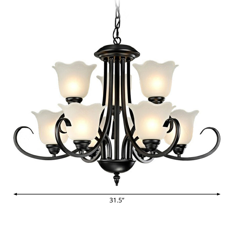 Black Finish Chandelier Lighting Retro Opal Frosted Glass Flower Hanging Light for Living Room Clearhalo 'Ceiling Lights' 'Chandeliers' Lighting' options 2323573