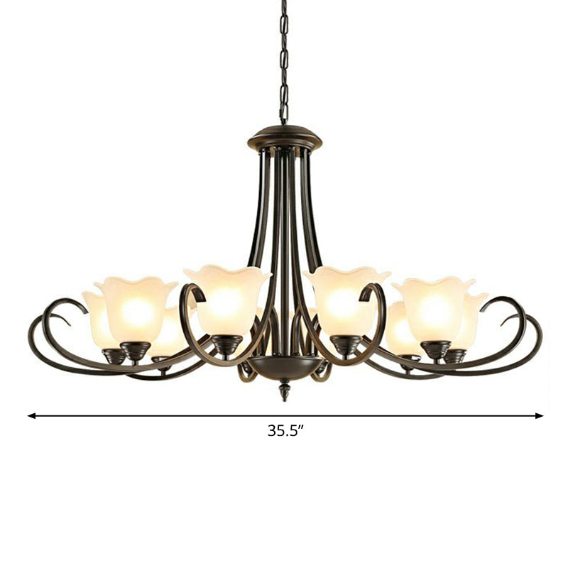 Black Finish Chandelier Lighting Retro Opal Frosted Glass Flower Hanging Light for Living Room Clearhalo 'Ceiling Lights' 'Chandeliers' Lighting' options 2323574