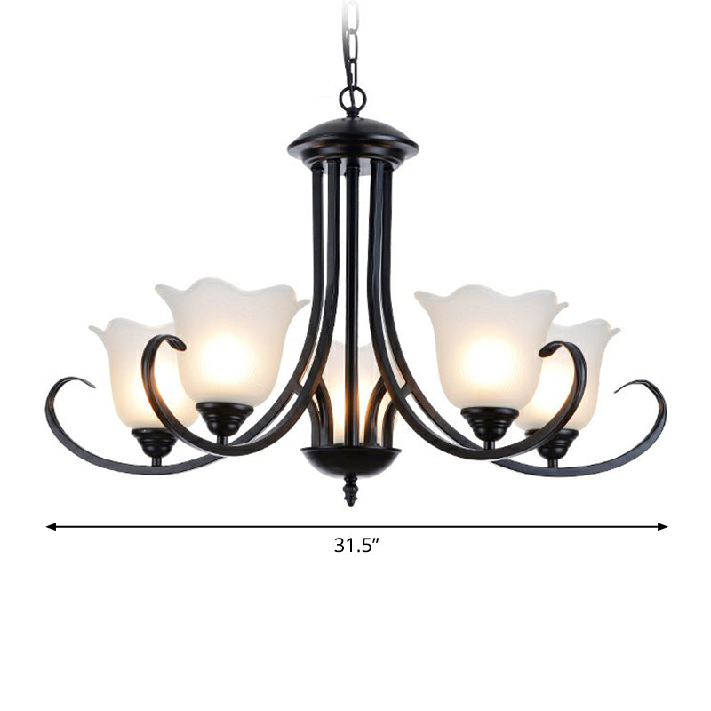 Black Finish Chandelier Lighting Retro Opal Frosted Glass Flower Hanging Light for Living Room Clearhalo 'Ceiling Lights' 'Chandeliers' Lighting' options 2323575